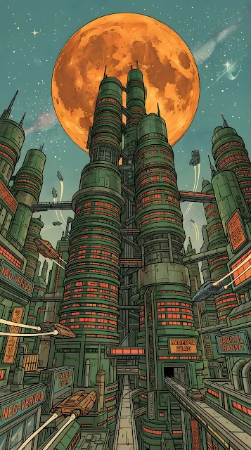 Retro Sci-Fi Green Towers and Giant Orange Moon Illustration - Free mobile Wallpaper