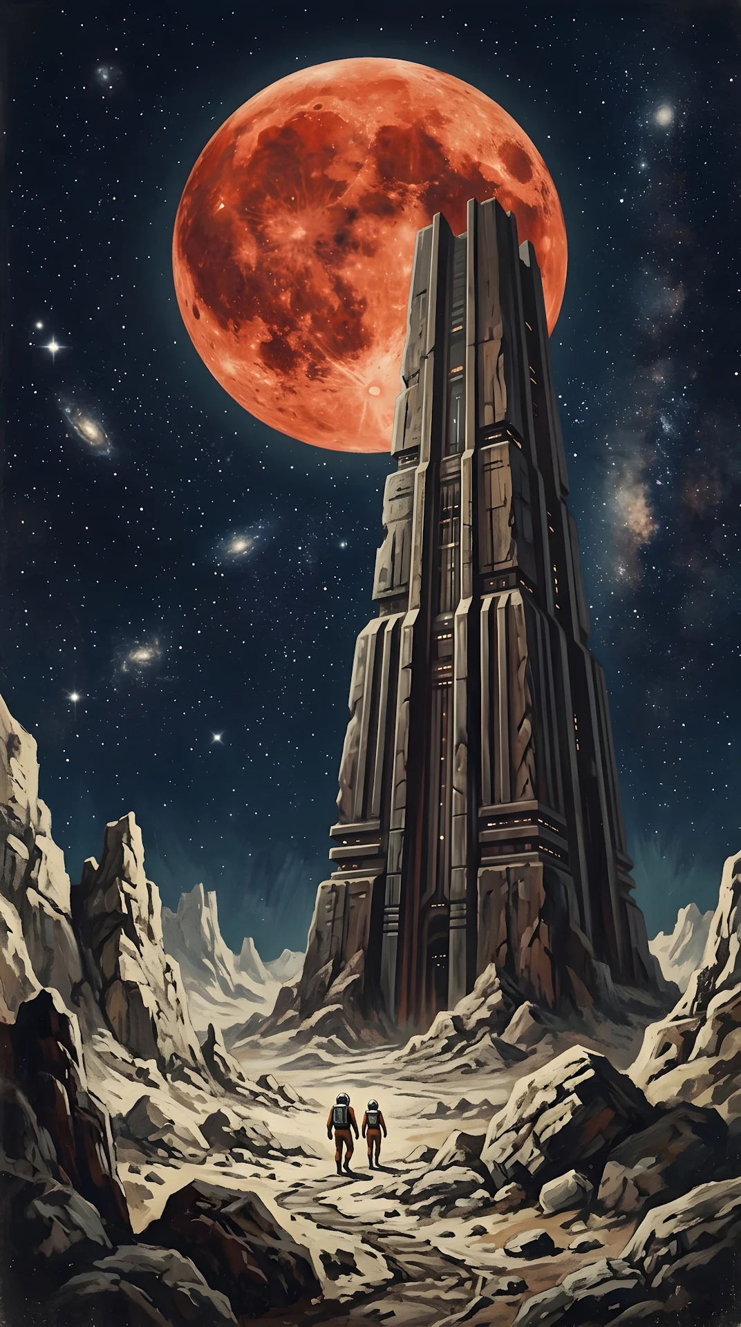 Retro Sci-Fi Illustration of a Monolithic Spire Under a Giant Red Moon - Free 4K mobile Wallpaper