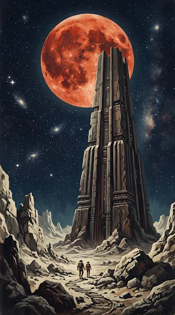 Retro Sci-Fi Illustration of a Monolithic Spire Under a Giant Red Moon - Free mobile Wallpaper