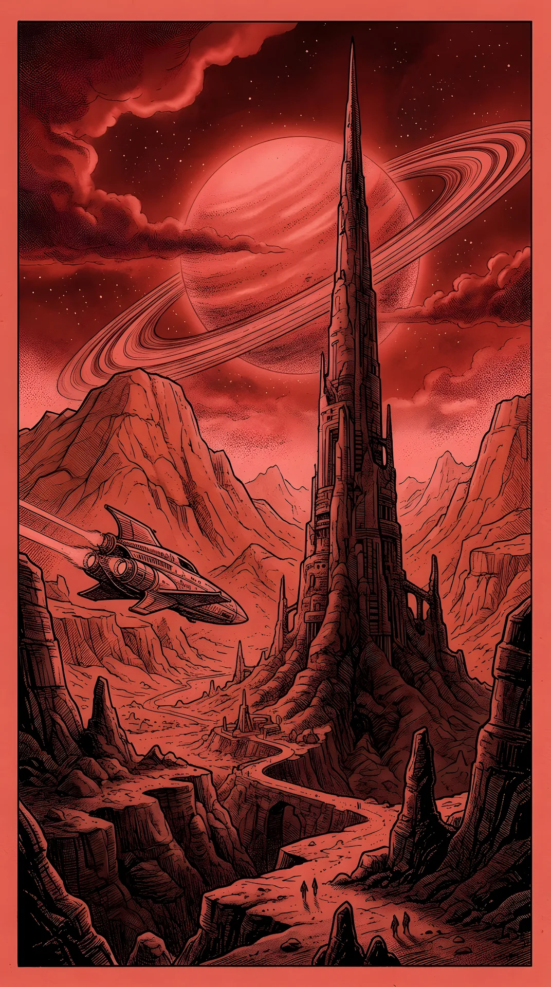 Retro Sci-Fi Illustration of a Red Planet Valley with Spire and Spacecraft - Free 4K mobile Wallpaper