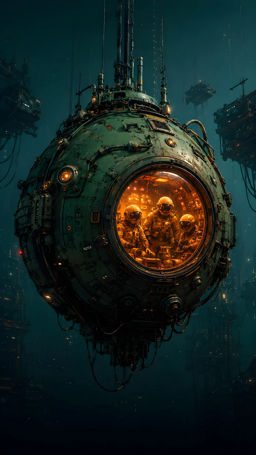 Retro Sci-Fi Orbital Pod and Astronauts Wallpaper - Free 4K mobile Wallpaper