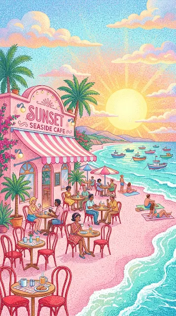 Retro Tropical Beach Cafe Illustration with Pink Sand and Palm Trees - Free 4K & 8K mobile Wallpaper