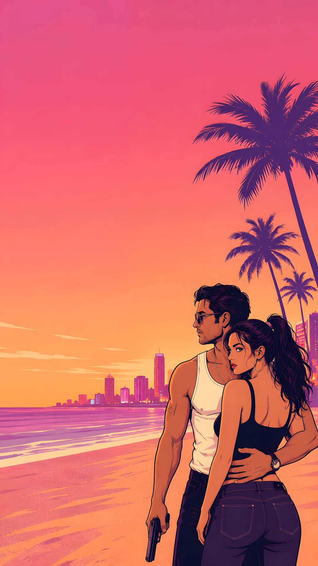 Retro vector art of a couple on a tropical coast - Free 4K mobile Wallpaper