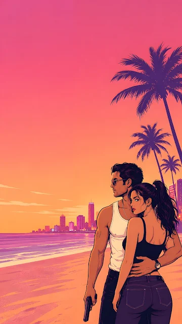 A stylized flat vector illustration of a man and woman holding a gun on a tropical beach with a city skyline at sunset.