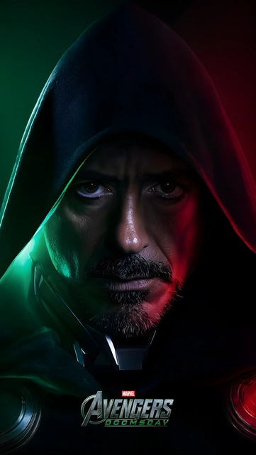 Close-up portrait of Robert Downey Jr. wearing a dark hood and armor illuminated by green and red lighting.