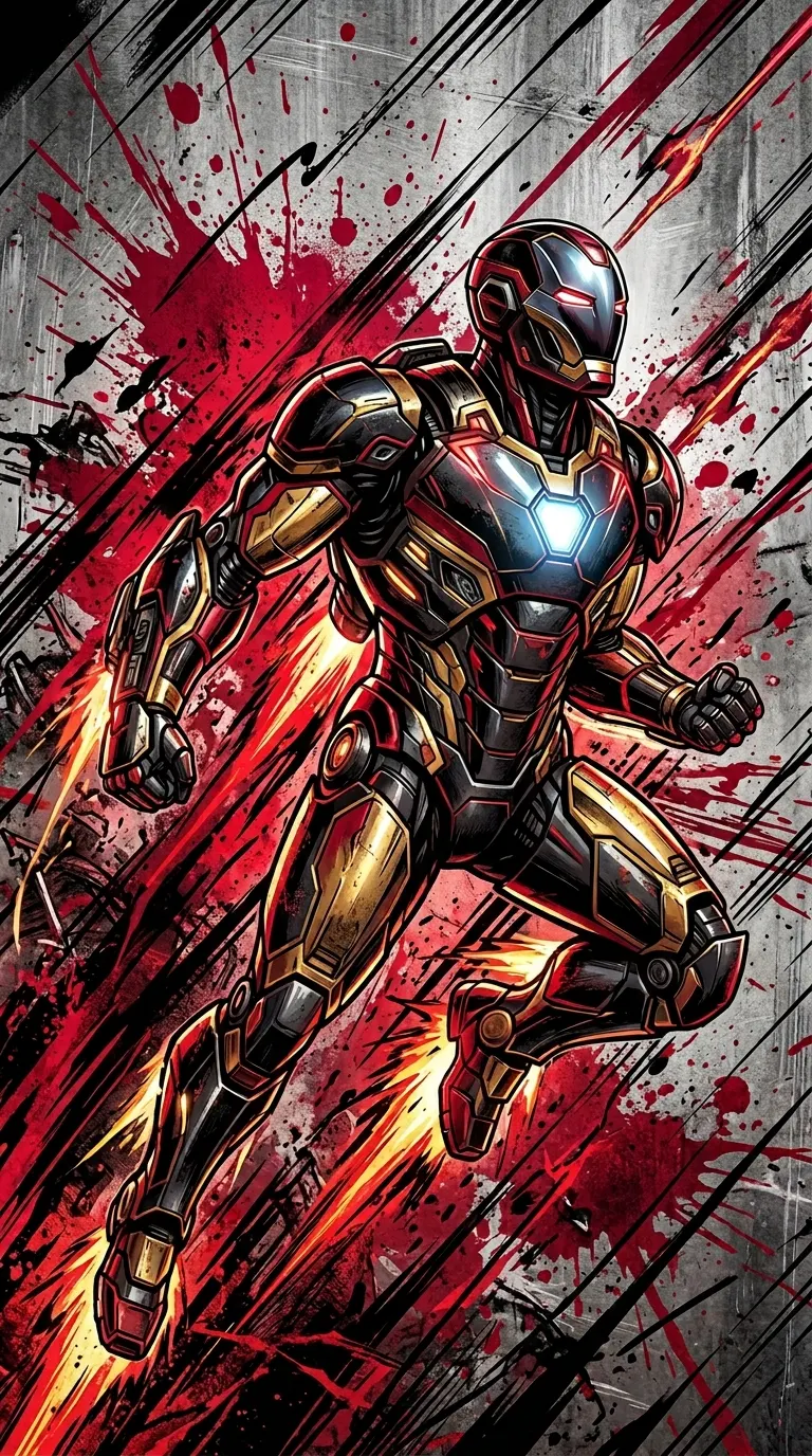 Robotic Superhero in Black and Red Armor Flying Upward - Free 8K and 4K mobile Wallpaper Background