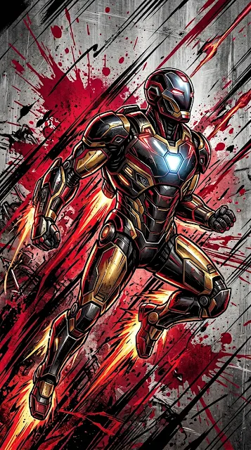 Robotic Superhero in Black and Red Armor Flying Upward - Free 4K & 8K mobile Wallpaper