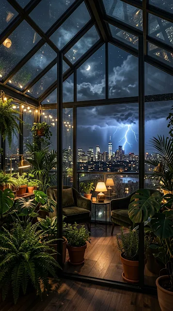 Rooftop Greenhouse in Rain with Distant Thunderstorm - Free 4K & 8K mobile Wallpaper