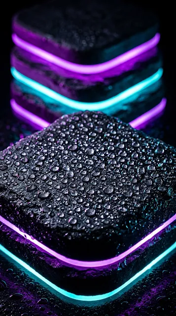 Rounded Textured Platforms with Dewdrops and Neon Lighting - Free 4K & 8K mobile Wallpaper