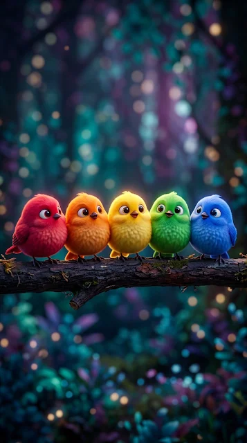 Row of Five Colorful Stylized Birds Sitting on a Branch - Free 4K & 8K mobile Wallpaper