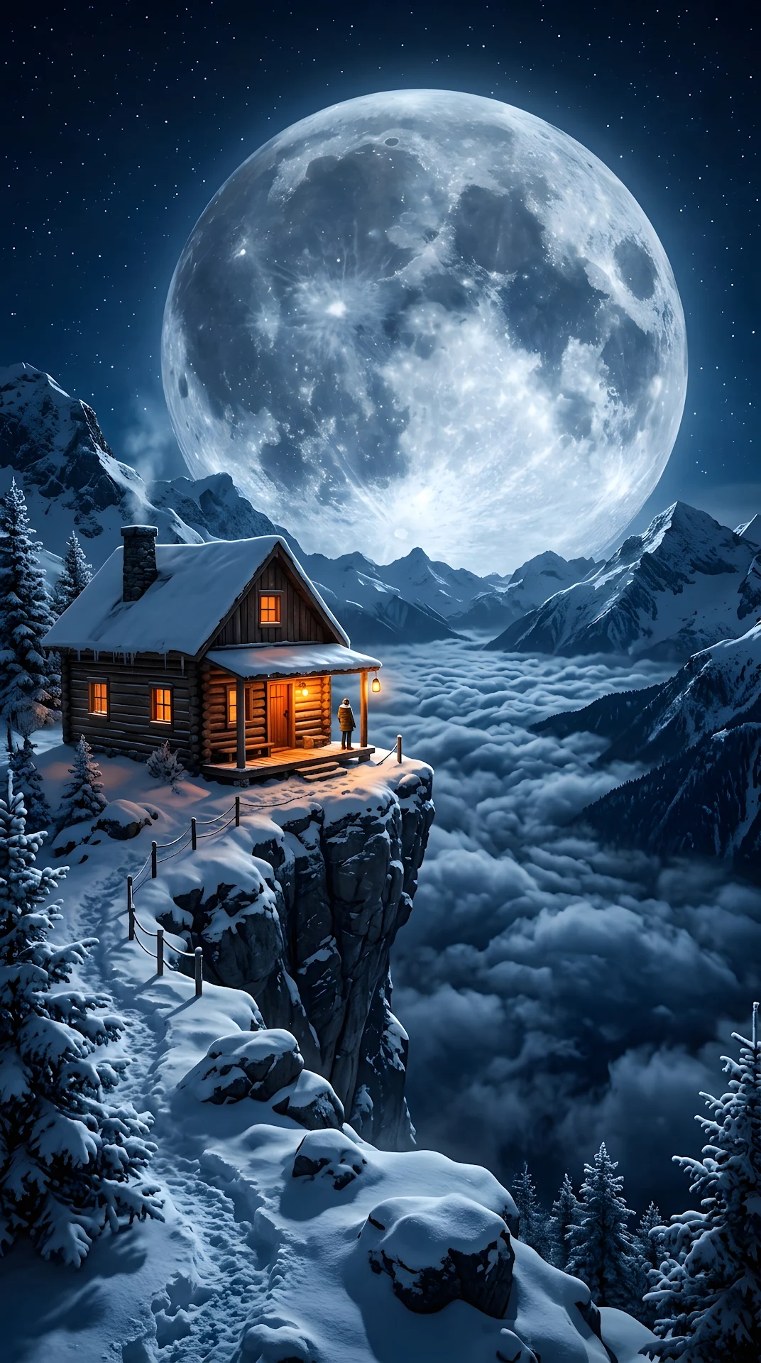 Rustic Cabin on Snowy Cliffside Under a Massive Full Moon - Free 4K mobile Wallpaper