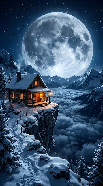 Rustic Cabin on Snowy Cliffside Under a Massive Full Moon - Free mobile Wallpaper