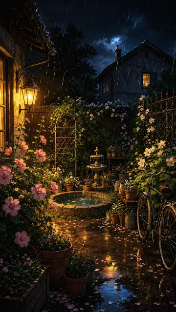 A charming wet stone courtyard at night during gentle rain, featuring blooming pink flowers, a tiered water fountain, and a glowing wall lantern.