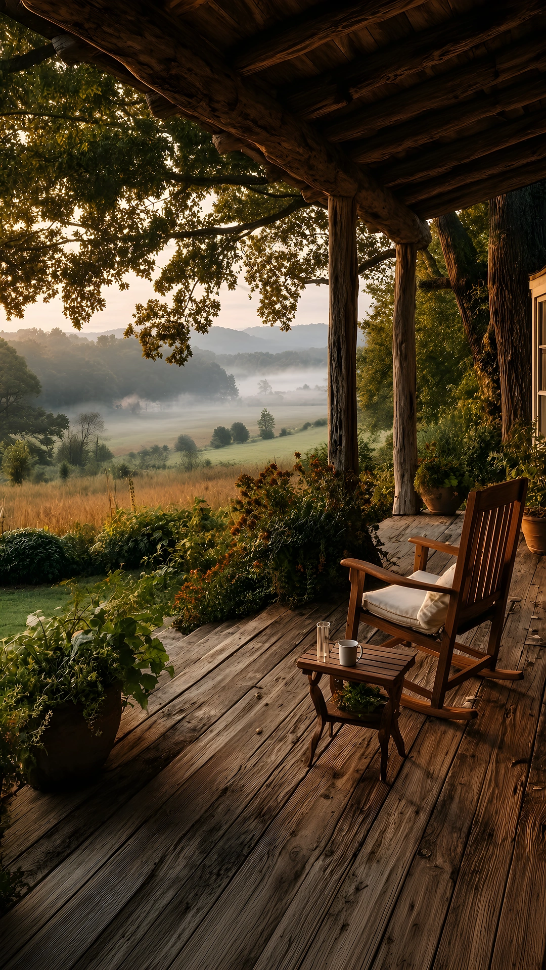 Rustic Porch Misty Morning Valley 4K - Free 4K mobile Wallpaper