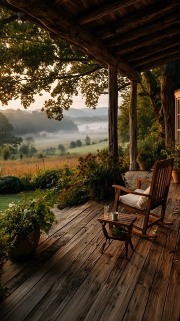 Wooden rocking chair on a rustic timber porch overlooking a sunlit meadow and morning fog.