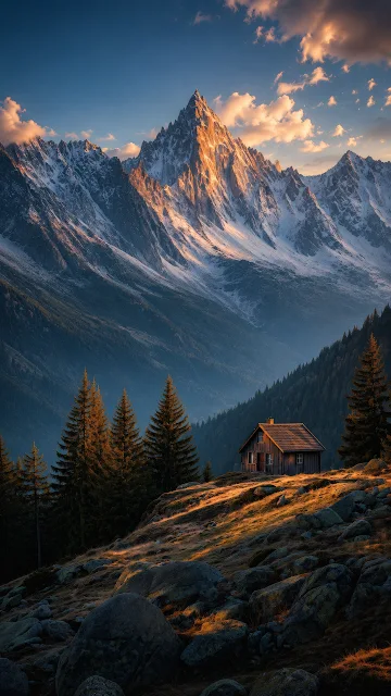 A solitary wooden mountain hut on a grassy hill overlooking sharp snow-covered alpine peaks at sunset.