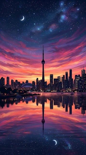 Saturated City Skyline Sunset with Water Reflection - Free mobile Wallpaper