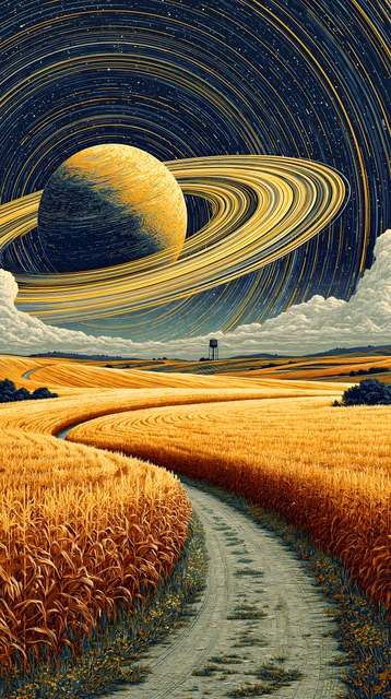Stylized ringed planet above a winding road through golden wheat fields under star trails.