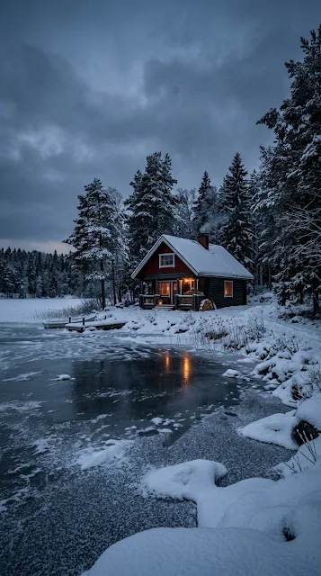 Scandinavian Cabin by Frozen Lake Twilight Wallpaper - Free 4K & 8K mobile Wallpaper
