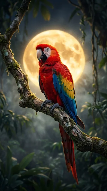 A vibrant scarlet macaw perched on a dark textured branch against a glowing golden full moon background.