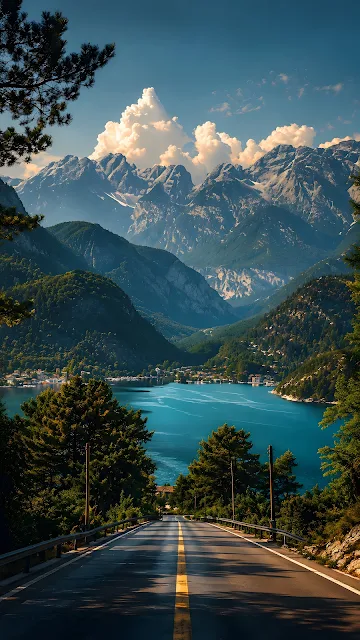 Straight paved road with yellow lines descending toward a deep blue lake enclosed by rocky mountains.