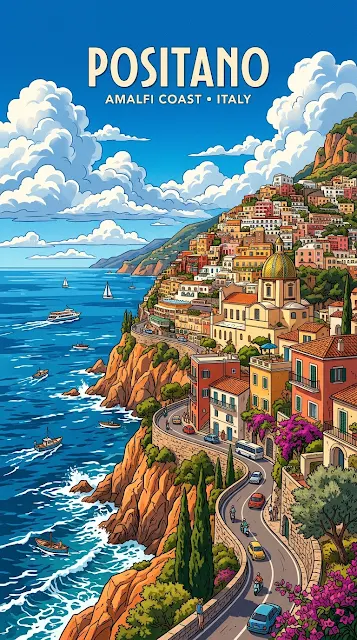 Scenic Illustration of a Mediterranean Town on a Rocky Cliff - Free 4K & 8K mobile Wallpaper