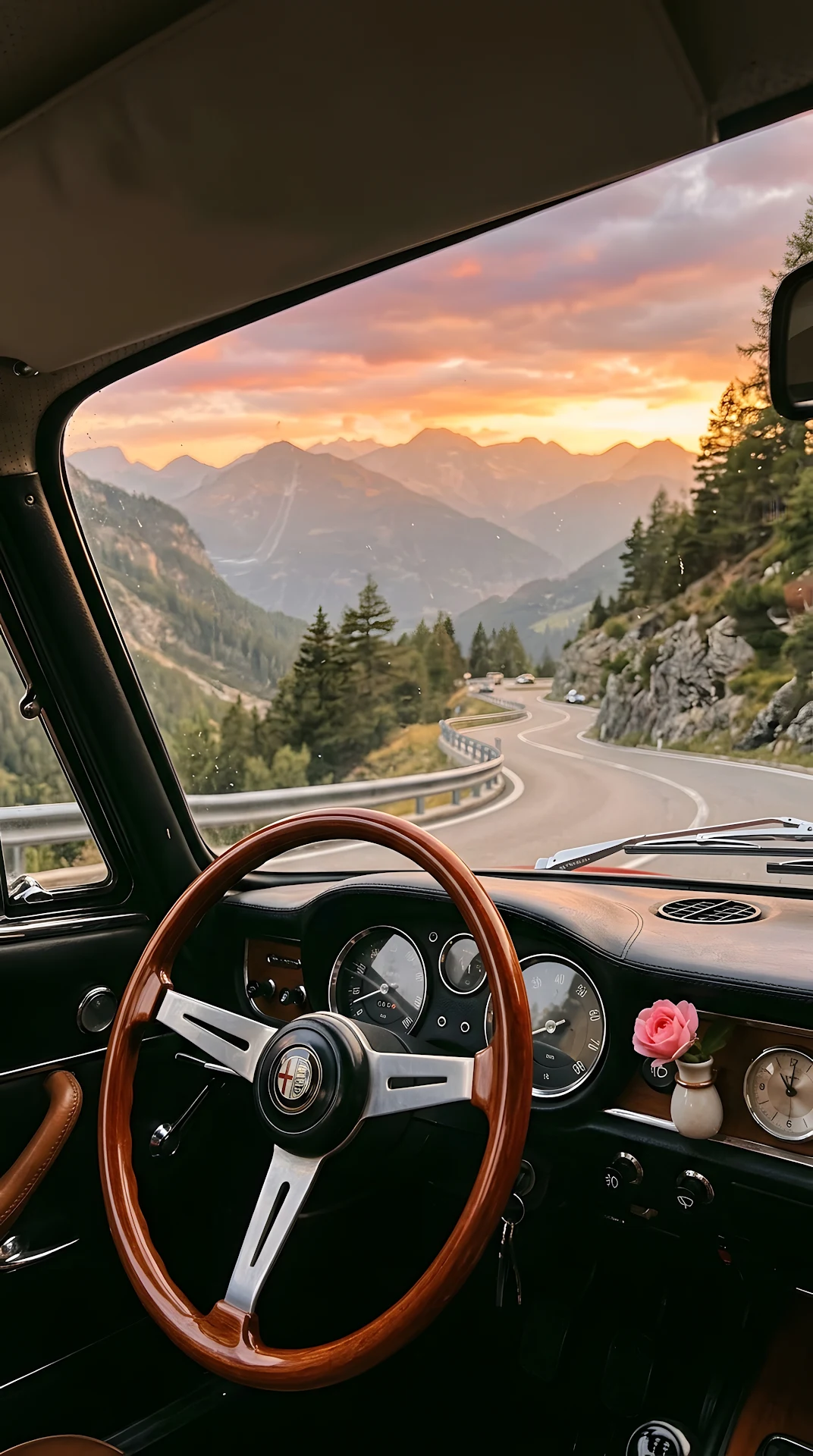 Scenic Mountain View from Vintage Car Dashboard at Sunset - Free 4K mobile Wallpaper