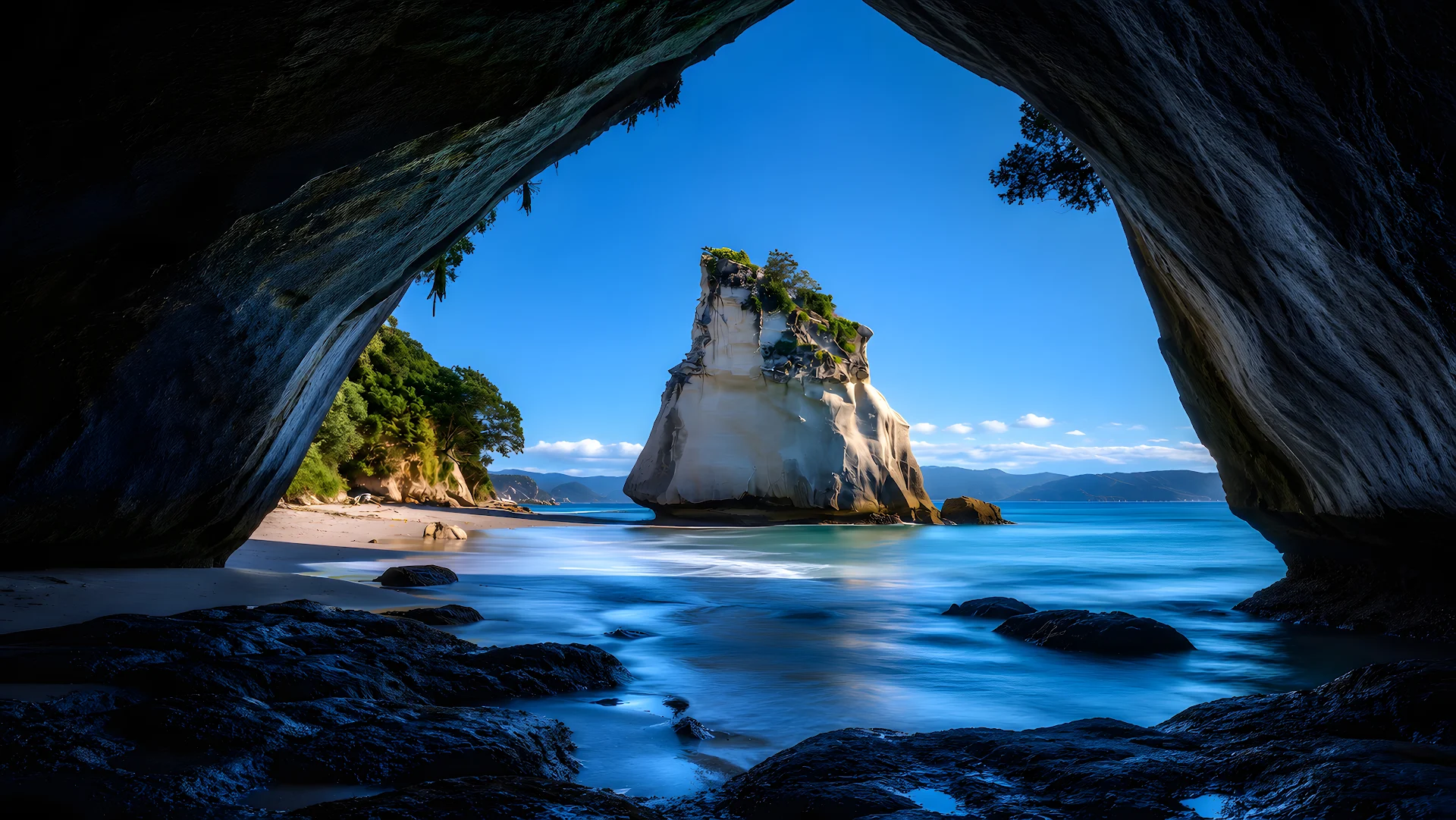 Scenic sea cave framing sea stack rock formation on tropical coast - Free 8K and 4K desktop Wallpaper Background