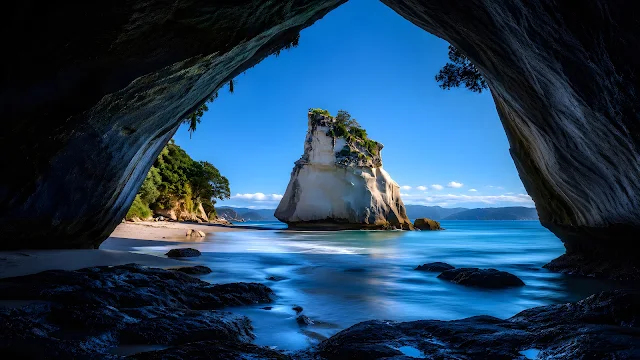 View from inside a dark coastal sea cave framing a white rock pillar in turquoise water under blue sky.