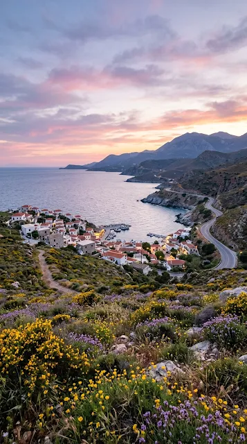 Scenic View of a Coastal Village at Sunset with Wildflowers - Free 4K & 8K mobile Wallpaper