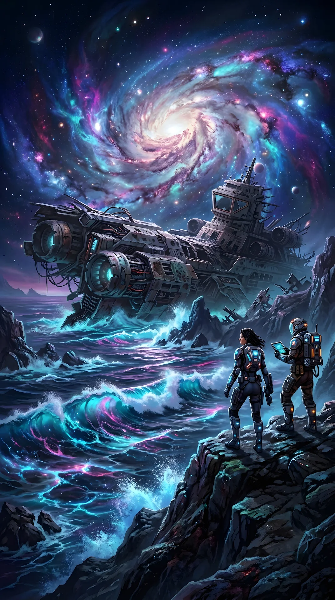 Sci-Fi Alien Ocean Under Glowing Galaxy Sky - Free 4K mobile Wallpaper