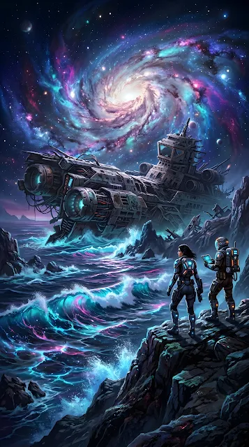 Sci-Fi Alien Ocean Under Glowing Galaxy Sky - Free mobile Wallpaper