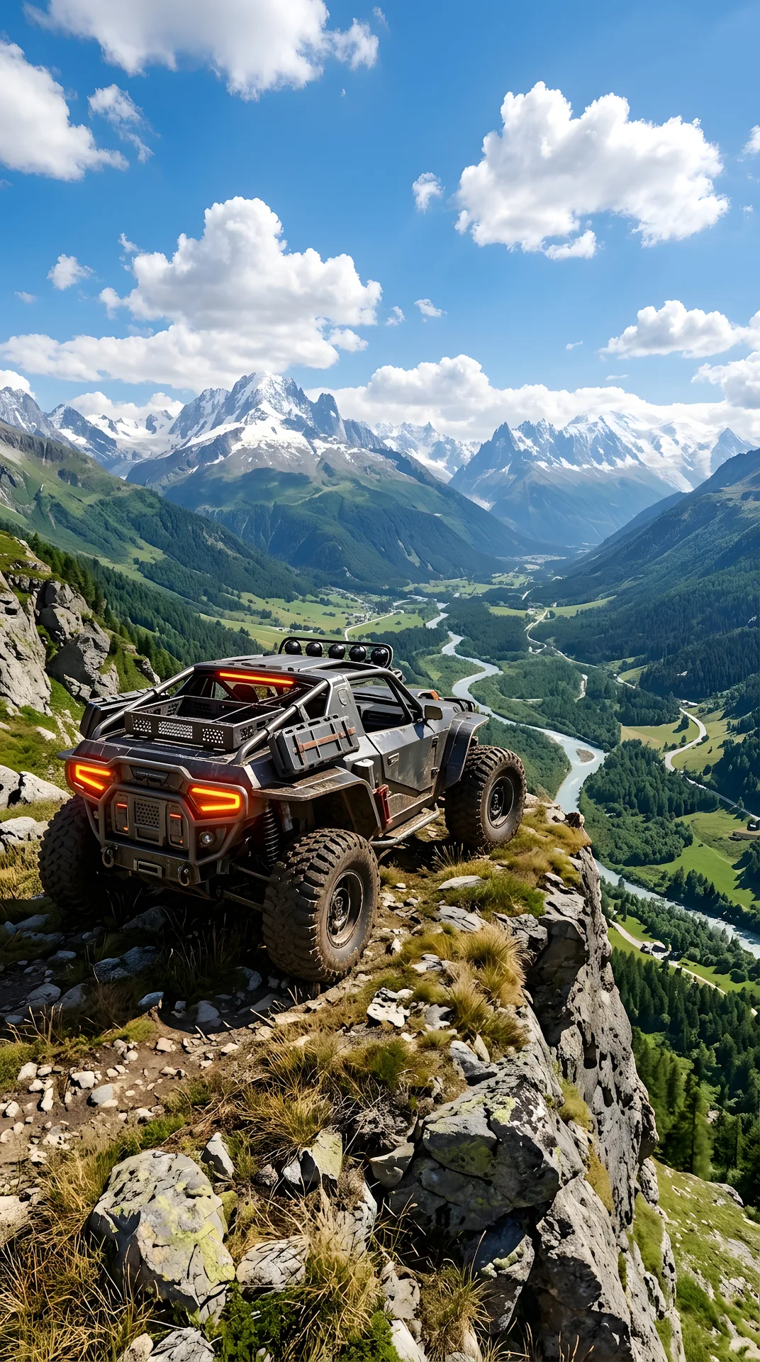 Sci-Fi Buggy Overlooking Snowy Mountain Valley - Free 4K mobile Wallpaper