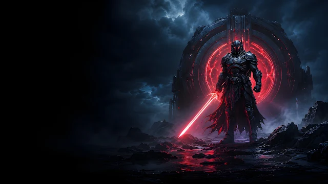 An armored futuristic figure with a red energy sword standing before a colossal circular portal glowing in deep red and blue mist.
