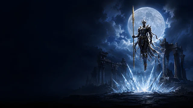 An armored warrior floats above glowing ice crystals under a full moon amidst dark stone ruins.