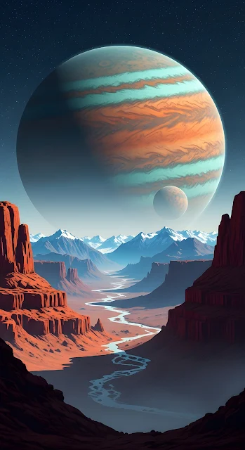 Sci-Fi Illustration of a Red Rocky Canyon with a Gas Giant in the Sky - Free mobile Wallpaper