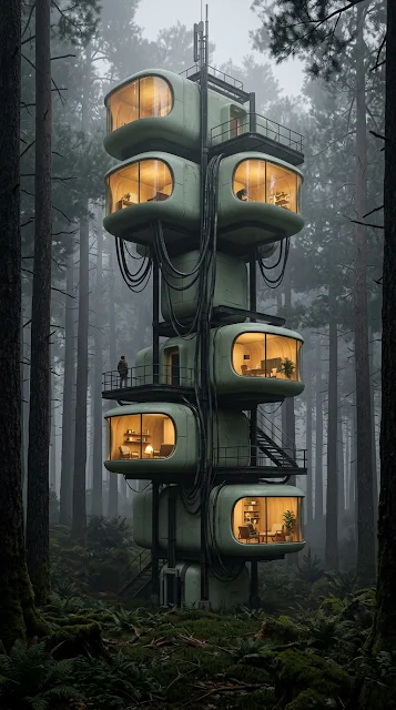Sci-Fi Modular Tower Cabin in Misty Redwood Forest - Free 4K & 8K mobile Wallpaper