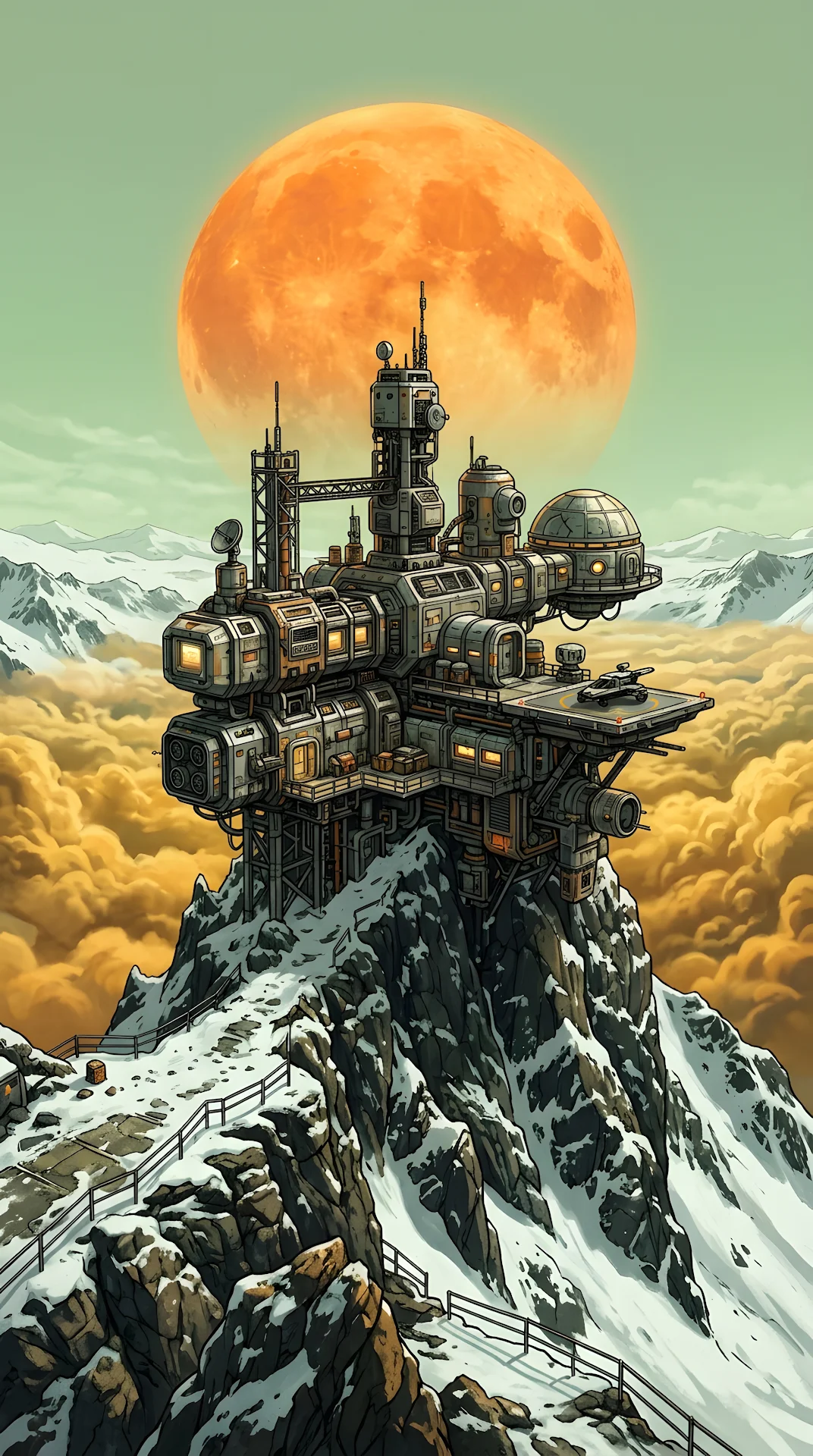 Sci-Fi Research Station on Snowy Peak with Large Orange Sun - Free 4K mobile Wallpaper