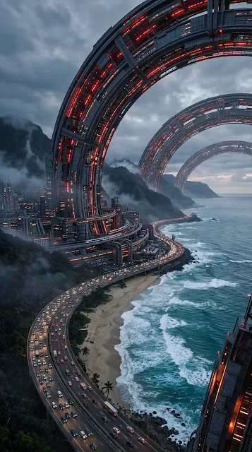 Sci-Fi Ring City Coastline Highway Digital Art - Free 4K & 8K mobile Wallpaper