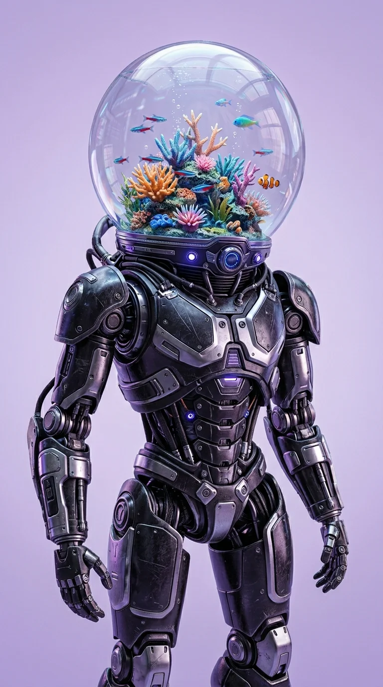 Download Sci-Fi Robot Figure with Aquarium Glass Helmet and Coral Wallpaper in 4K UHD Sci-Fi Robot Figure with Aquarium Glass Helmet and Coral - Free 8K and 4K mobile Wallpaper Background