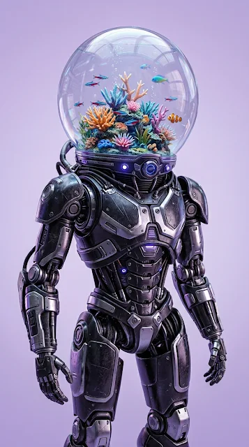 Sci-Fi Robot Figure with Aquarium Glass Helmet and Coral - Free 4K & 8K mobile Wallpaper