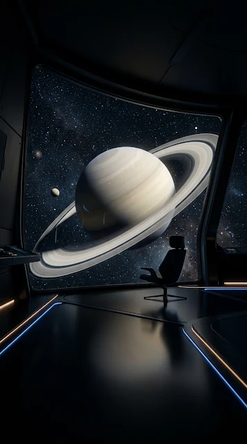 Sci-Fi Room Overlooking Saturn Planet Wallpaper - Free 4K & 8K mobile Wallpaper