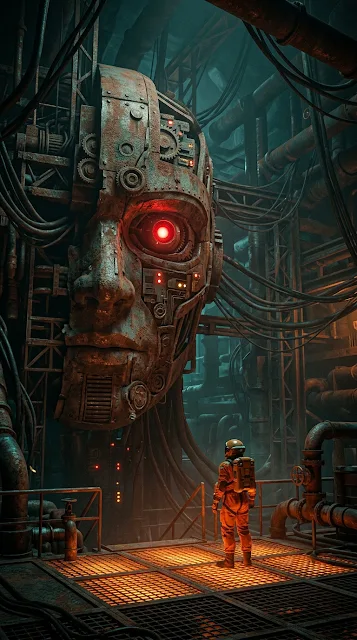 Sci-Fi Scene of an Explorer Before a Massive Cybernetic Face - Free 4K & 8K mobile Wallpaper