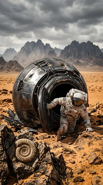 Sci-Fi Scene Featuring Crashed Space Pod and Ancient Fossil - Free 4K & 8K mobile Wallpaper