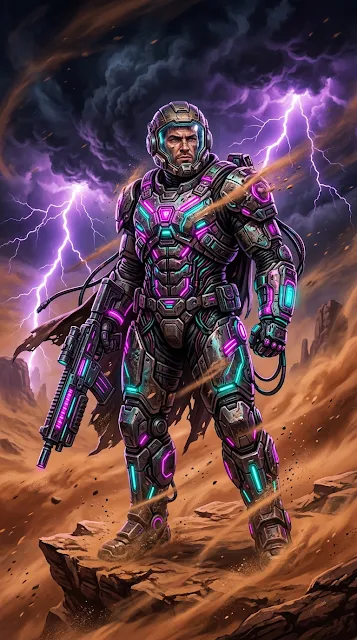 Sci-Fi Soldier in Neon Pink and Teal Armor in Desert Storm - Free 4K & 8K mobile Wallpaper