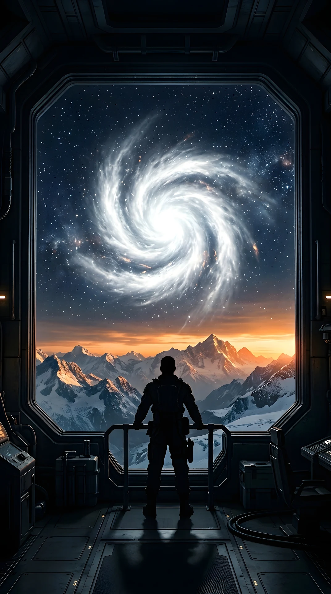 Sci-Fi Space Window View of a Cloud Vortex and Snowy Mountains - Free 4K mobile Wallpaper