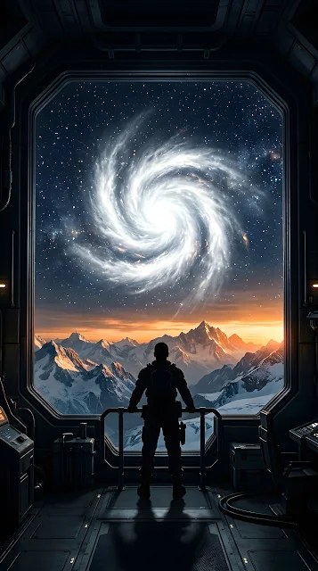 Sci-Fi Space Window View of a Cloud Vortex and Snowy Mountains - Free mobile Wallpaper