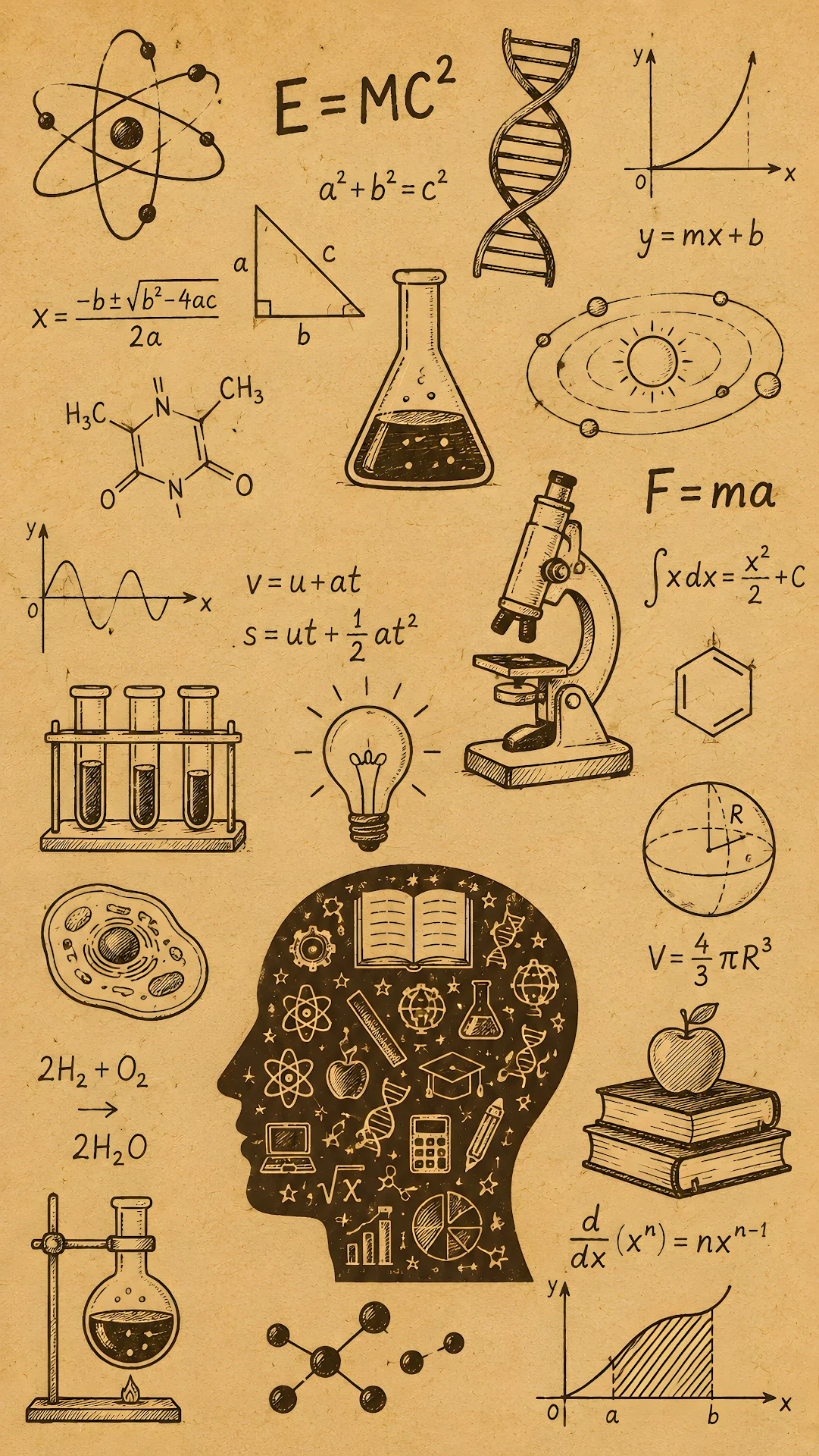 Science and mathematics formulas sketched on craft background - Free 4K mobile Wallpaper