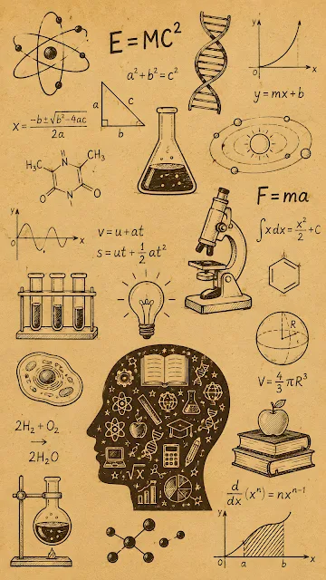 A busy array of brown hand-drawn science, chemistry, physics, and biology doodles over a light tan background.