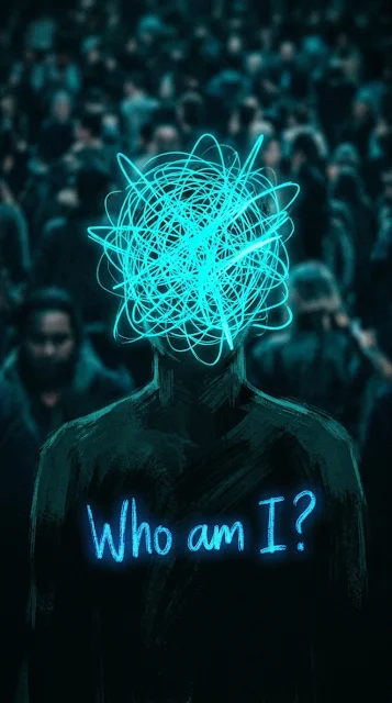 Scribbled Neon Blue Head Silhouette Over Blurred Crowd with Text Who Am I - Free 4K & 8K mobile Wallpaper